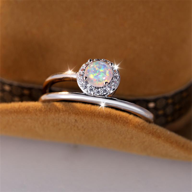Rainbow White Fire Opal Rings For Women Silver Color Minimalist Round Birthstone Wedding Bands Zircon Index Finger Jewelry Gift