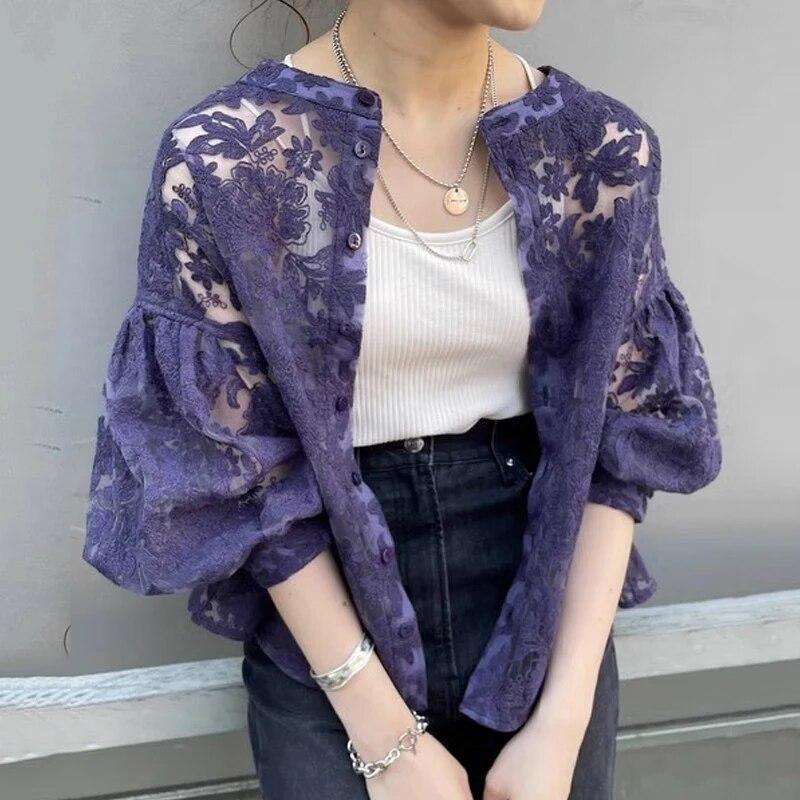 Hollow Out Embroidery Lace Blouses Women Elegant Vintage White Shirt Woman Autumn Lantern Sleeve Elegant Tops Women Clothing