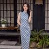 Retro blue and white checkerboard sleeveless cheongsam fresh and elegant slim and thin gentle national style girl daily dress