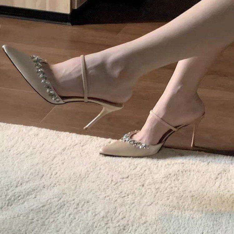 Temperament pointed satin rhinestone bag head half slippers women's outer wear 2025 spring and summer new stiletto high-heeled sandals
