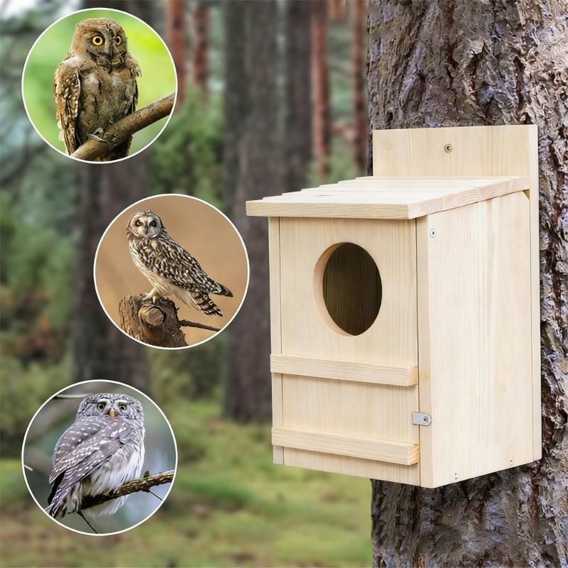 Handcrafts Wooden Bird Feeder Owl House Nest Box For Parrots Outdoor Garden Decoration Tree Mounted Bird Feeding Station
