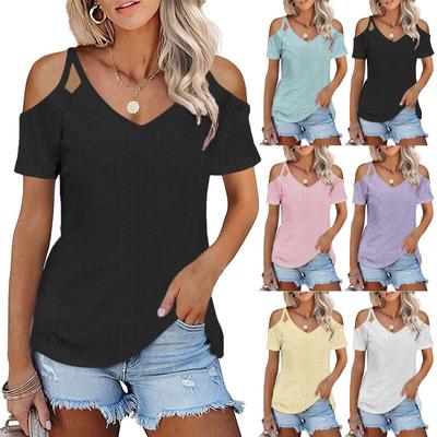 Women's Fashion Casual V-Neck Hollow Out Double Shoulder Strapless T-Shirt Top