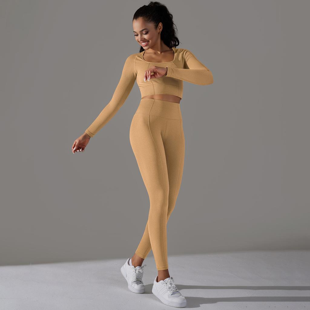 Seamless Knitted Long Sleeved Sports And Fitness Pants, Quick Drying Jacquard Breathable Hip Lifting Running Yoga Suit Set