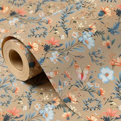 1 Roll Of Vintage Floral Butterfly Wrapping Paper Brown Kraft Paper Gift Wrapping Paper Suitable For Gift Boxes Birthdays Pre-Wedding Parties
