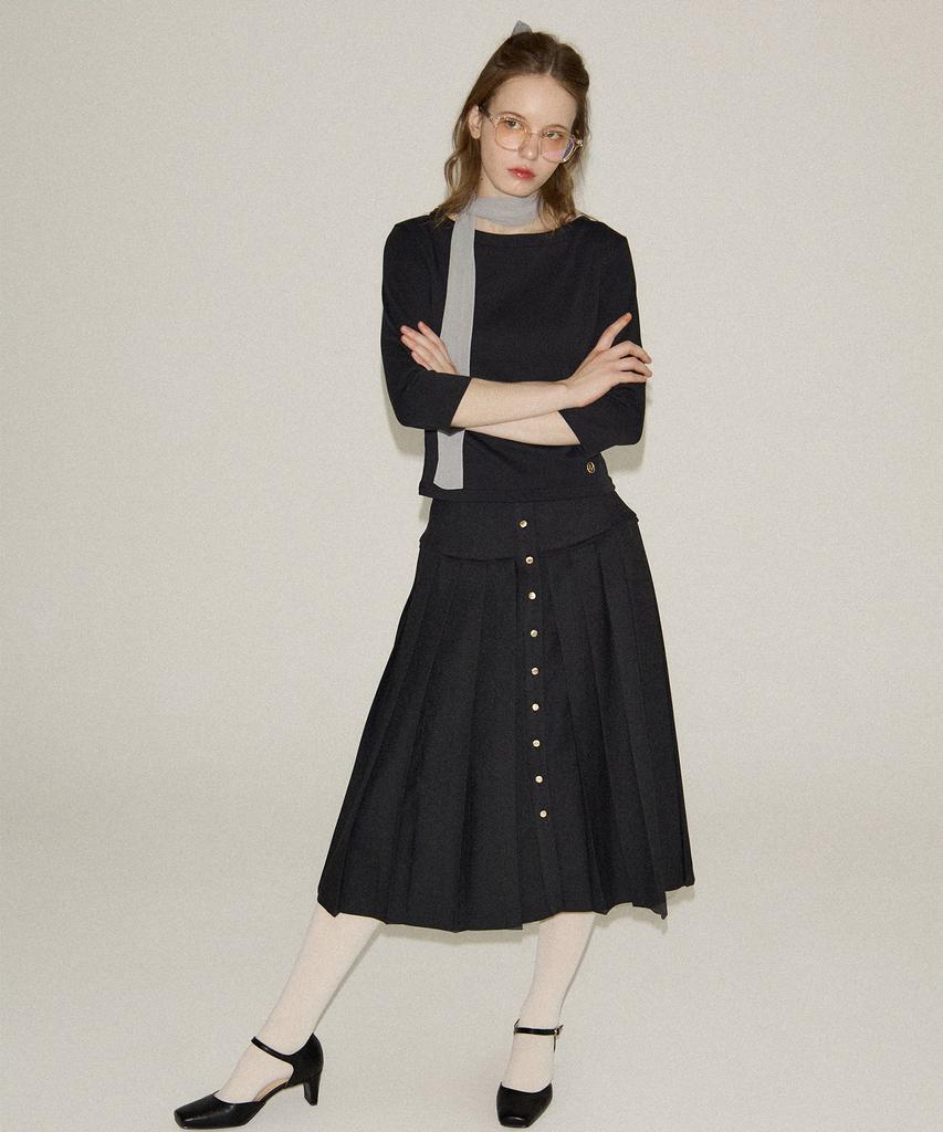 SALON DE YOHN Classic Button Pleated Skirt_ Black