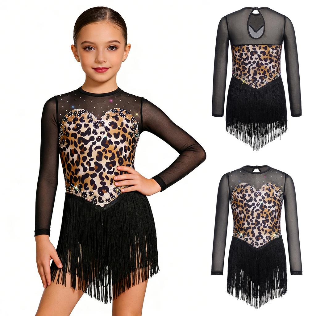 Children’s Latin Dance Competition Dress Leopard Print Fringe Long Sleeve Keyhole Back Mesh Patchwork Sparkling Rhinestone Tassel
