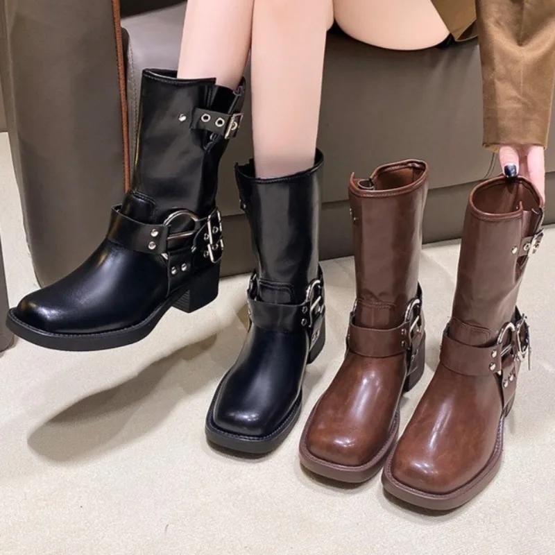 Womens Knee-high Boots Fashion Western Cowboy Boots Casual Leather Boots for Women Belt Buckle Punk Boot Mid Calf Boot