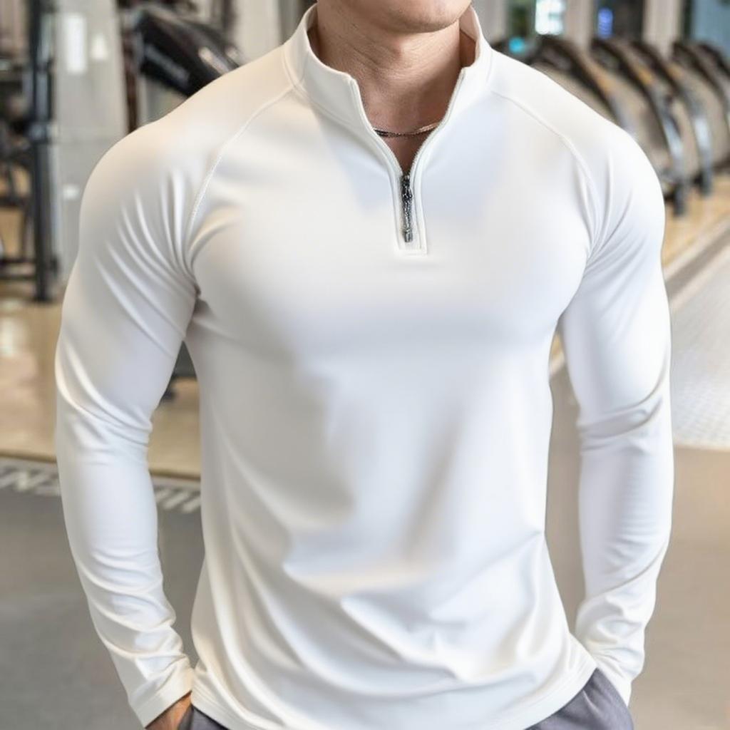 Men's Long Sleeved Half Zip High Elastic Basketball Sports Fitness Color Quick Drying Breathable Slim Fit Fashion Tops