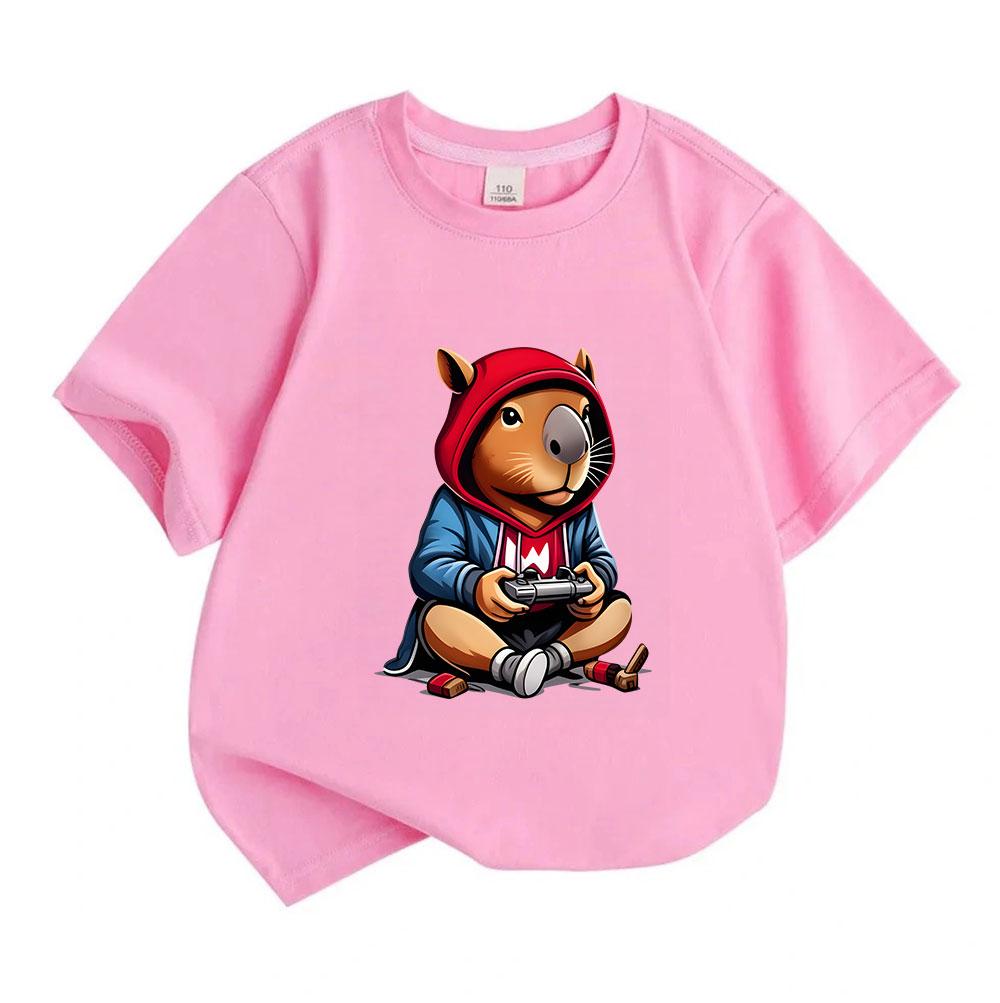 Kids Boys Girls 100% Cotton Crew Neck Short Sleeve T-Shirt, Funny Capybara Gamer Pattern Casual Soft Breathable Tee For Game Lovers Children Daily Wea