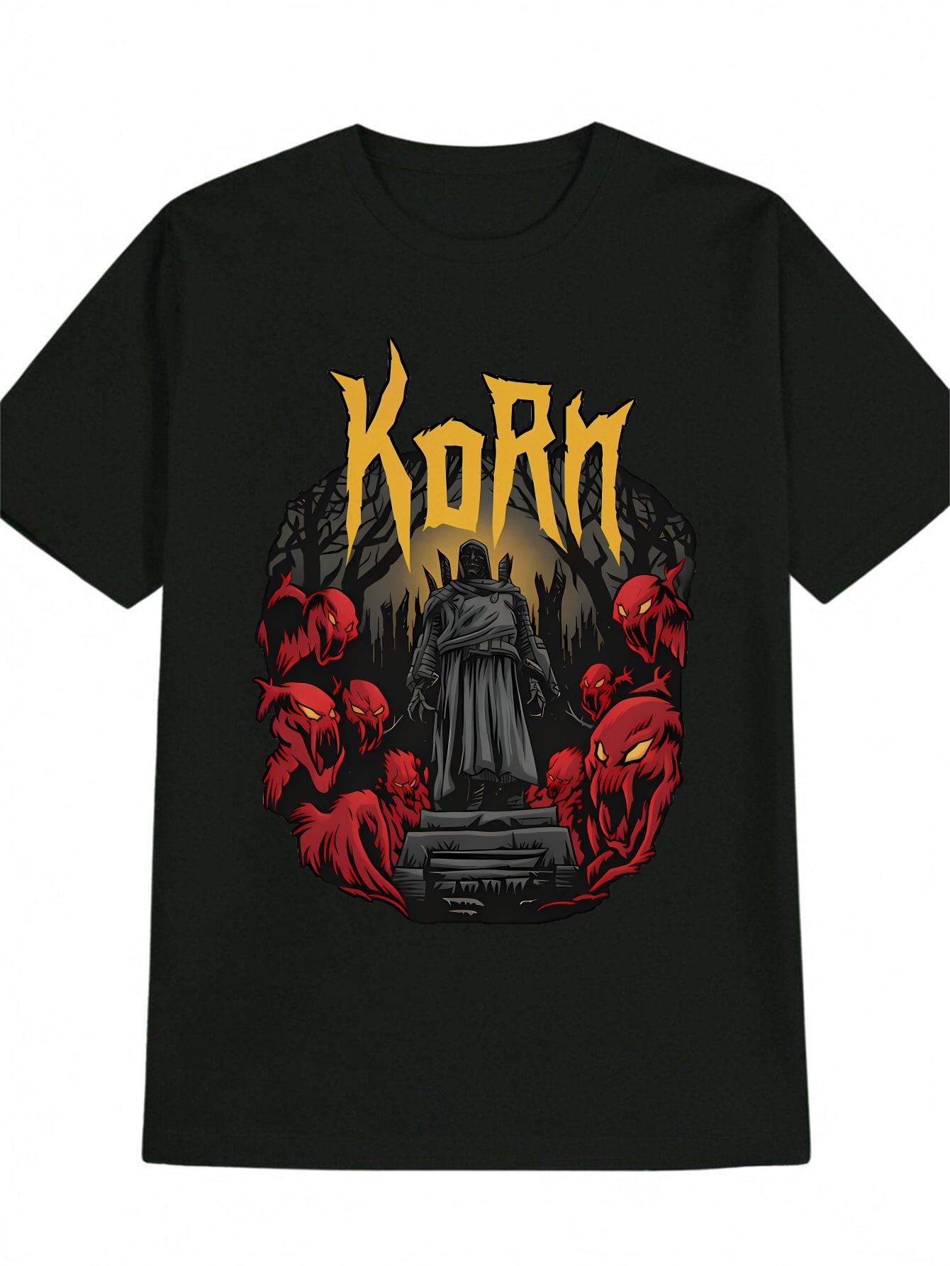 

Heavy Metal Band Graphic T-shirt - KORN Demon Print Black Tee with Red Accents M
