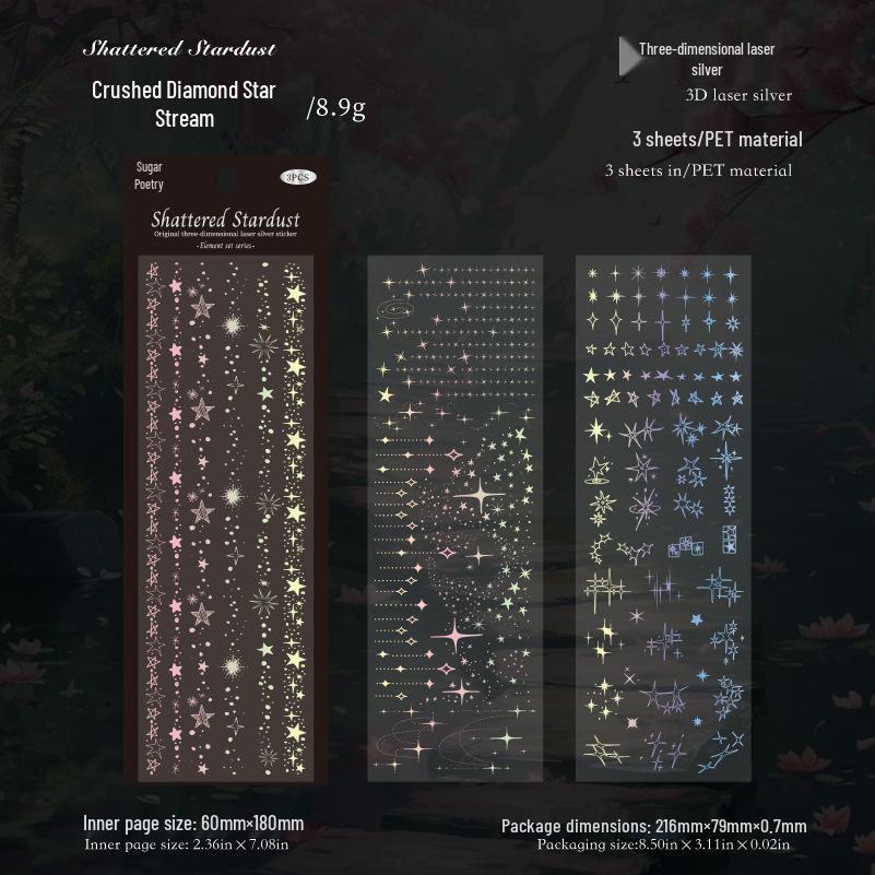 Zucker Gedicht 3D Laser Silber PET Aufkleber, 4 Stile, 3 Bögen/Packung, Element-Sammlung für Journal Collage