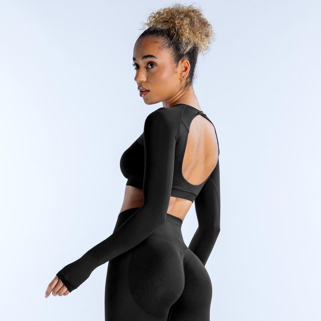 DFYNE Women's Round Neck Crop Top with Hollow Back and Long Sleeves for Yoga