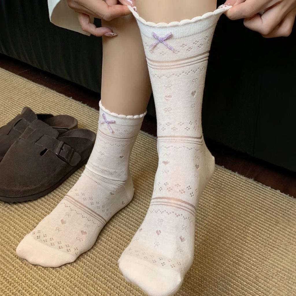 Ins Love Bow White Socks Women'S Summer Hollow Thin Transparent Tube Socks Ballet Style Boneless Pile Socks