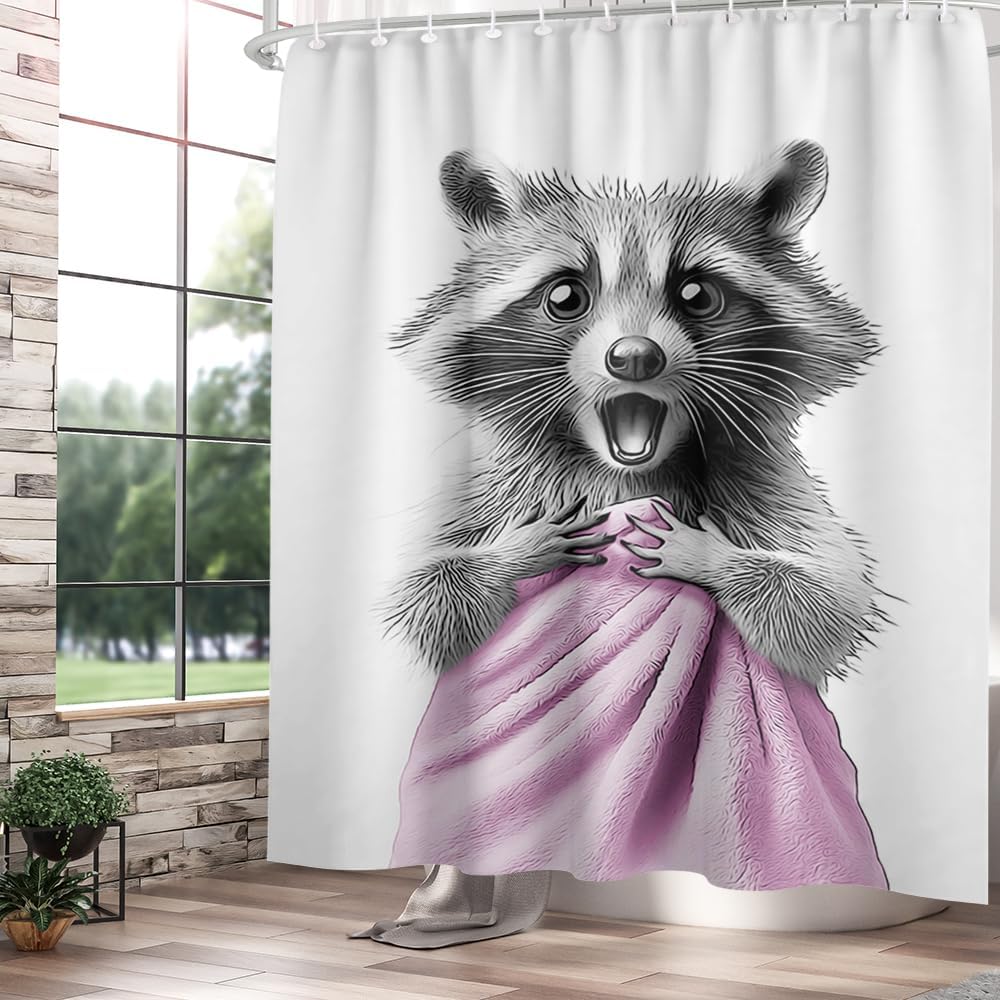 

Funny Raccoon Bathing Printed Shower Curtain Gray Animal Artwork For Cute Modern Bathroom Decor W60H190(CM)-1 Pcs