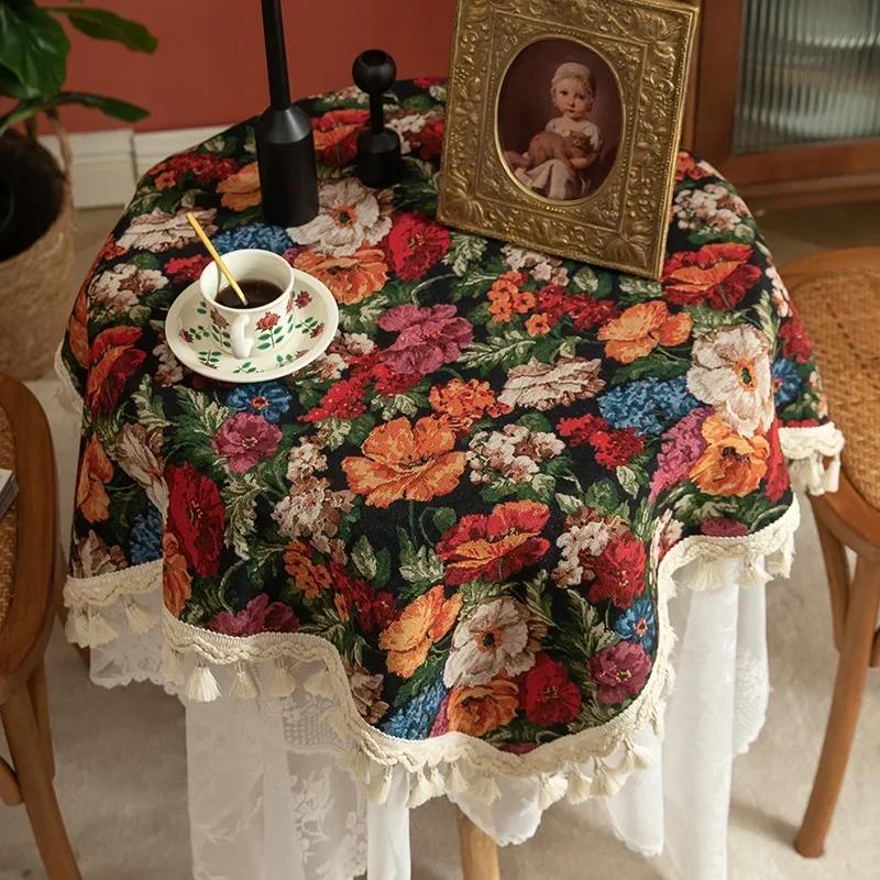 

American Jacquard Oil Painting Table Cover Hydrangea Tassel Jacquard Thick Table Cloth Tea Round Table Cloth Tafelkleed 90x90cm