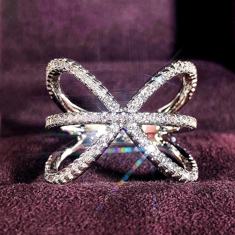 Huitan Chic Symmetrical Line Shiny Cubic Zirconia Rings for Women Fashion Gorgeous Finger Accessories Novel Party Daily