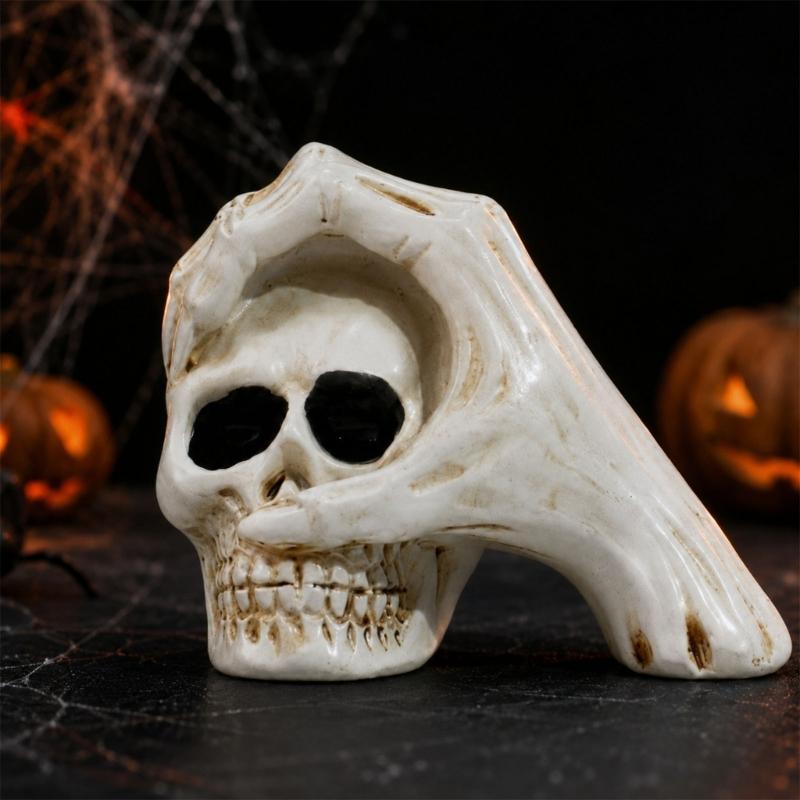 Resin Skull Figure for Halloween Display, Hand Over Skull Accent with Clear Bone Texture for Shelf Spots, Window Styling and Party Corner Use