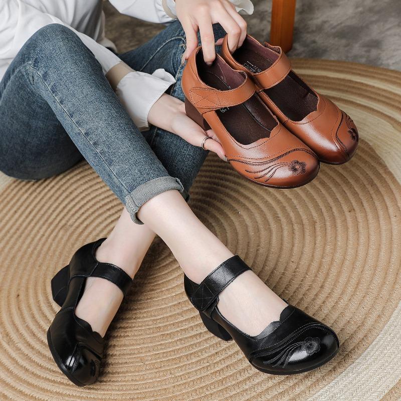 First layer cowhide spring new retro shoes children Mary Jane genuine leather single shoes thick heel mother shoes