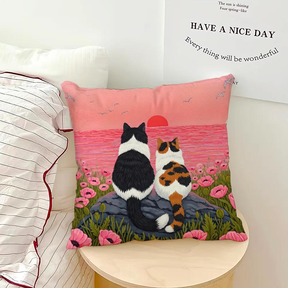 Fashion Cute Kitten Kawaii Cat Flower Cushion Cover Soft Pillow Case for Sofa Living Room Home Office Decor Protective Covers