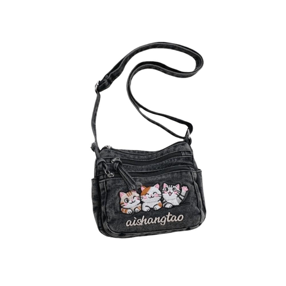 Washed Denim Crossbody Bag Adjustable Strap Messenger Bag Cat Embroidery Shoulder Bag Ladies