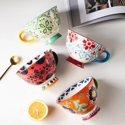 420ml Ceramic Cup Hand Painted Floral Pattern Retro Creative Coffee Mug for Latte Water Restaurant Office Gift for Family Friend
