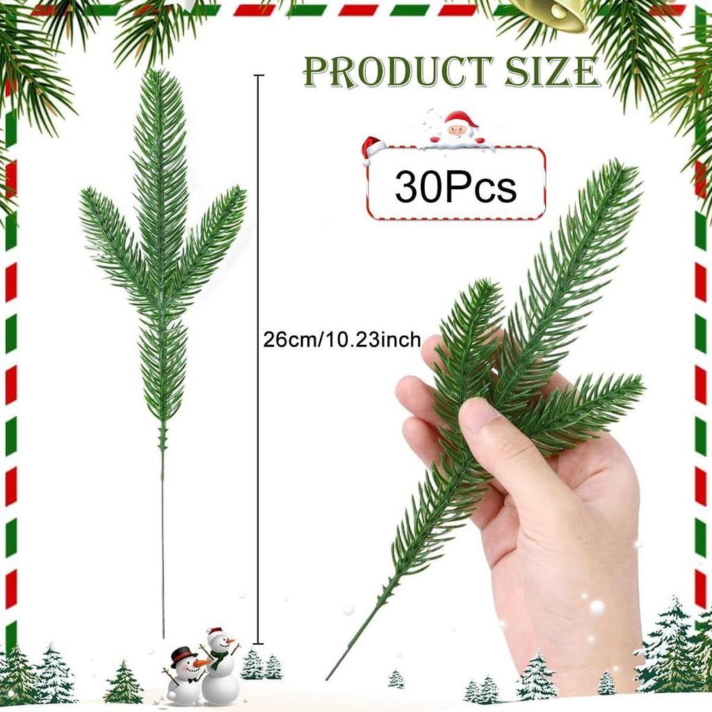 30pcs Realistic Pine Branches for Christmas Decoration 10inches Pin Needle Branches Home Decor DIY Christmas Realistic Green Decoration