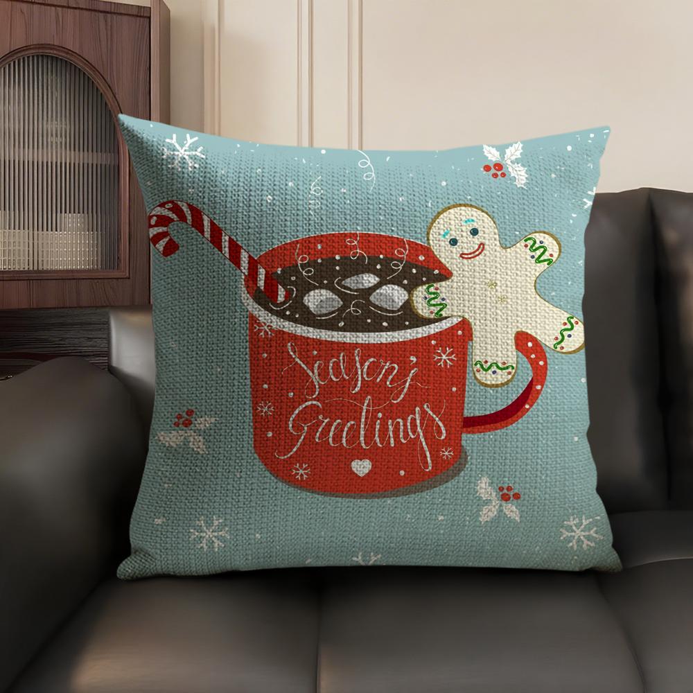 Christmas Pink Gingerbread Cushion Cover Natural Linen Organic Fabric Double-Sided Printing Sofa Home Decor Gift Pillow Case