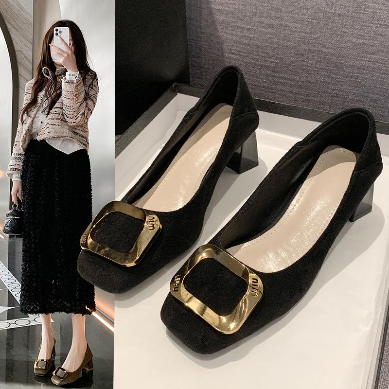 Square Head High Heels Women's Thick Heels Are Not Tired of Feet, Spring and Autumn New Shallow Mouth Single Shoes Women's Fashionable and Comfortable