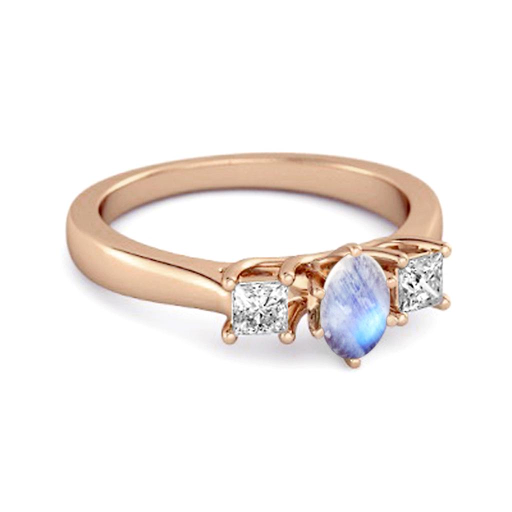Moonstone Elegant Three Stone Ring - 925 Sterling Silver Rose Gold Vermeil