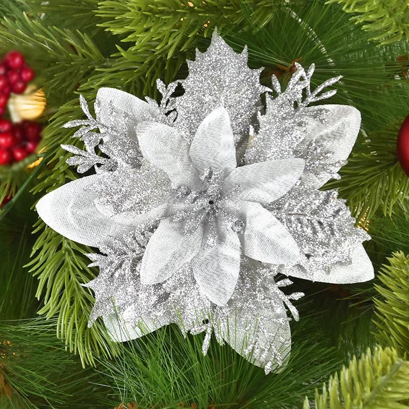 14cm Glitter Artificial Christmas Flowers Xmas Tree Ornaments Merry Christmas Decorations for Home New Year Gift