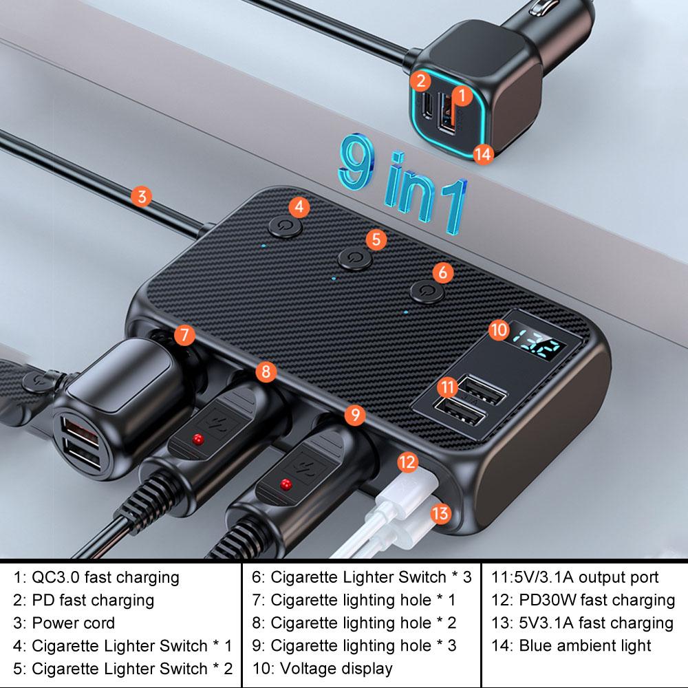 For Phone IPad Splitter Quick Charge 12V 24V Cigarette Lighter 3.0 Car Charger Adapter 4 Port USB Charging Socket 171W