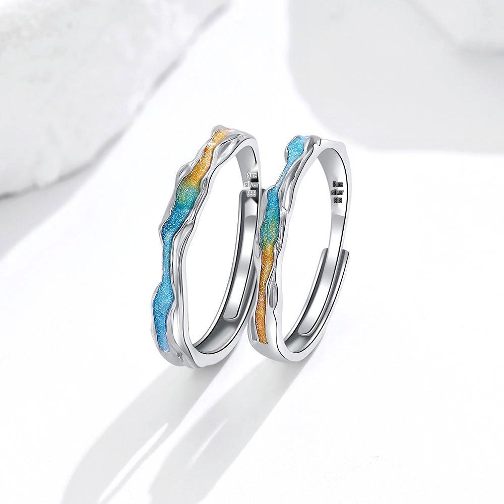 999 Sterling Silver Dawn Glow Adjustable Couple's Rings: Unique Design for Men and Women