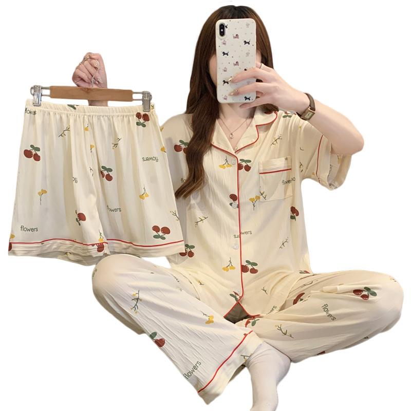 Wrinkled Pajamas Girls Summer Little Cherry Short-Sleeved Three-Piece Fashion Lapel Loungewear Can Be Worn Outside