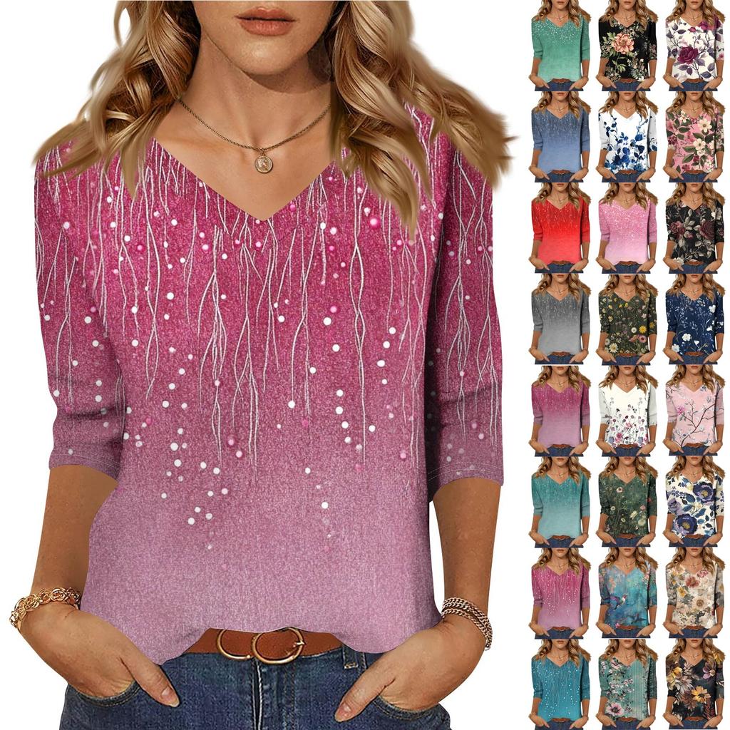 Damebluser Trekvart ermet skjorte V-hals Løs fritidsskjorte Blomstermønstret T-skjorte
