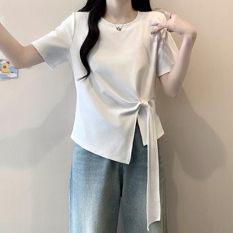 

2026 Summer Plus Size Women s Korean Style Elegant Round Neck Ribbon Short Sleeve T-shirt L брудно-білий