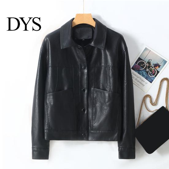 Button-up Women Jacket Faux Leather Smooth Surface Turn-down Collar Single-breasted Long Casual Coat Sleeves Pockets Retro Motorcycle Office Commuting