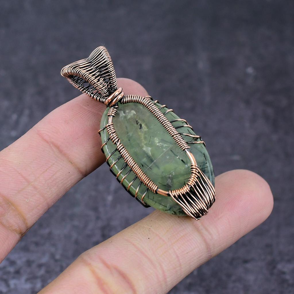 Natural Moss Prehnite Handmade Copper Wire Wrap Tree Of Life Pendant 2.01" l7Z36