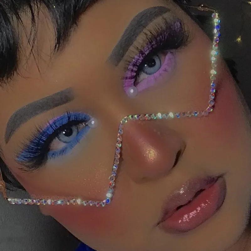 Vintage No Lens Women Sun Glasses Colorful Luxury Brand Rainbow Diamond Decoration Eyewear Fashion Half Metal Frame Decorative