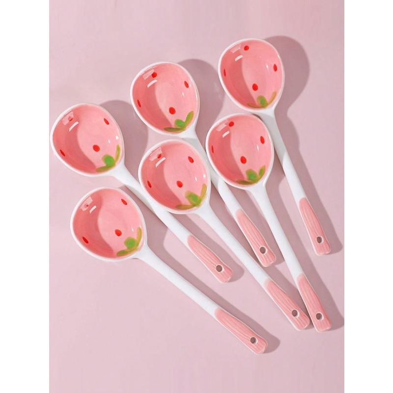 Pink Strawberry Ceramic Spoon Long-Handled Soup Spoon Houseware Spoon Dessert Spoon Set,Kitchen