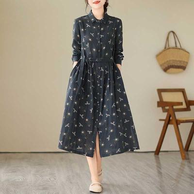 Cotton and Linen Floral Shirt Dress Long Sleeve Ramie Long Skirt for Women