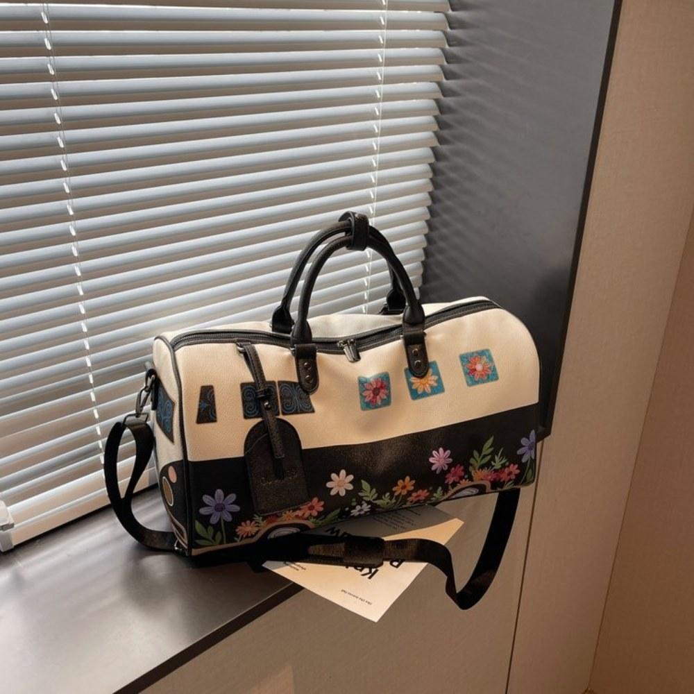 Women Floral Print Large Capacity Faux leather Travel Bag with Detachable Crossbody Strap for Travel