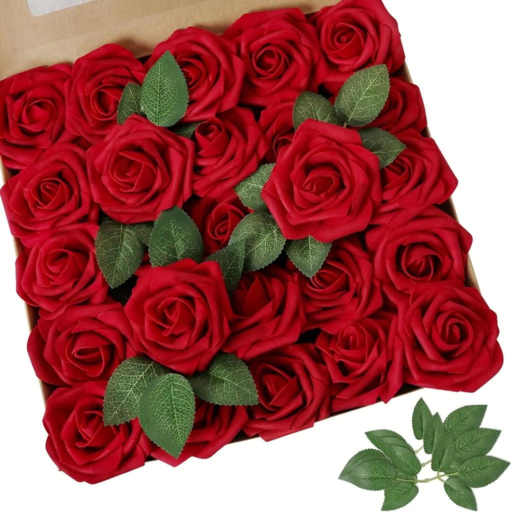 25/30pcs Rose Artificial Flowers Foam Fake Flower Wedding Bridal Decoration Valentines Gift Simulation Roses Home Vase Decor