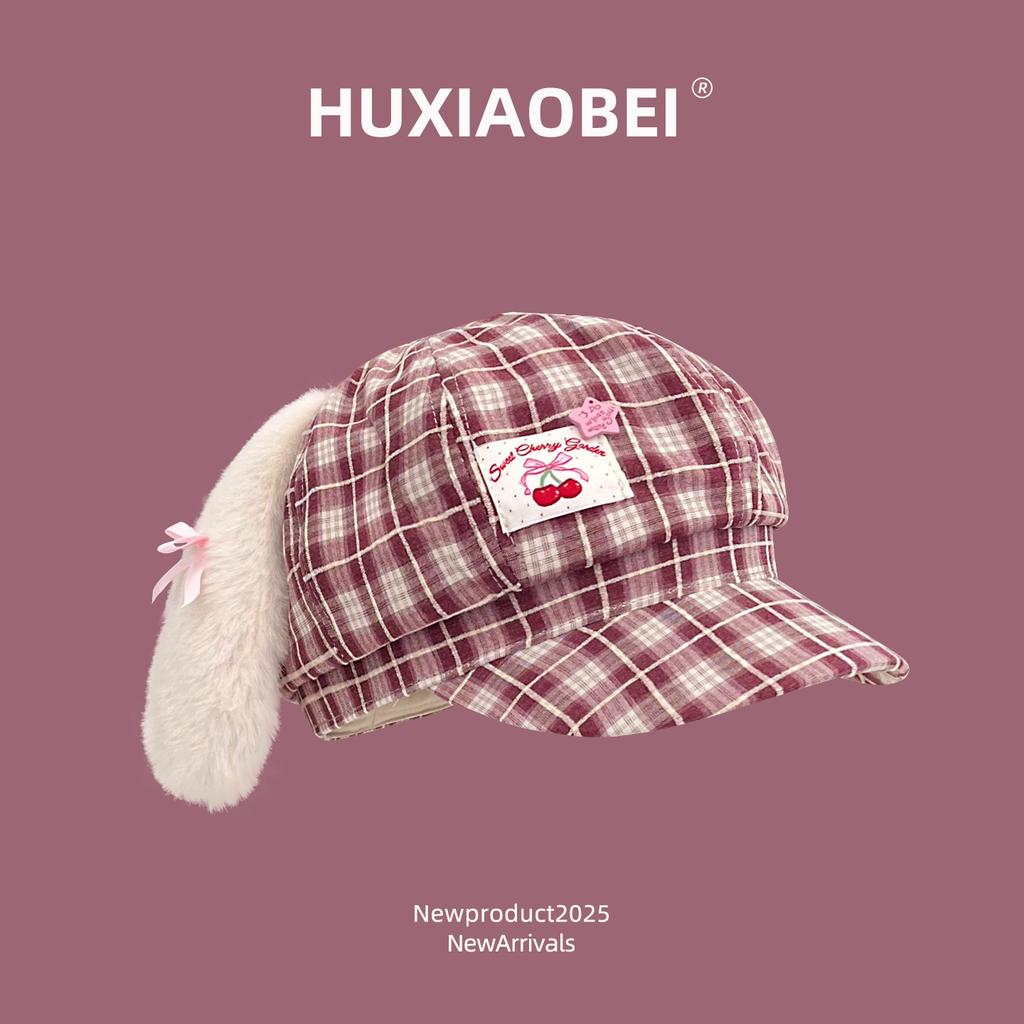 Cute plush rabbit ear bow plaid octagonal hat children versatile spring and summer sunshade travel beret tide
