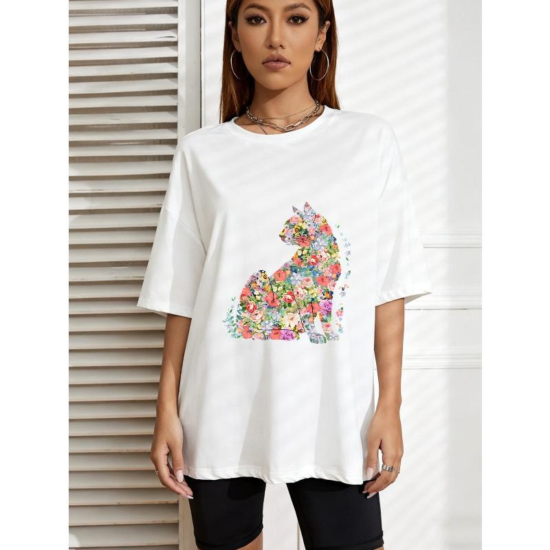 

Floral Cat Print Oversized T-Shirt White Flower Animal Design For Casual Wear And Everyday Style XXXXL білий