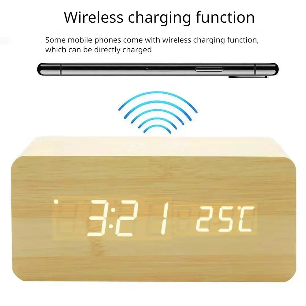 Modern Wooden Wood Digital LED Desk Alarm Clock Thermometer Wireless Charger With Qi Wireless Charging Pad Alarm Clock LED