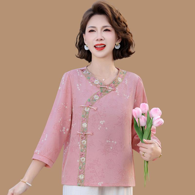 

Summer Cotton Linen Two-Piece: Chinese-Style T-Shirt & Top Set for Middle-aged Women 5XL 330-352 lbs