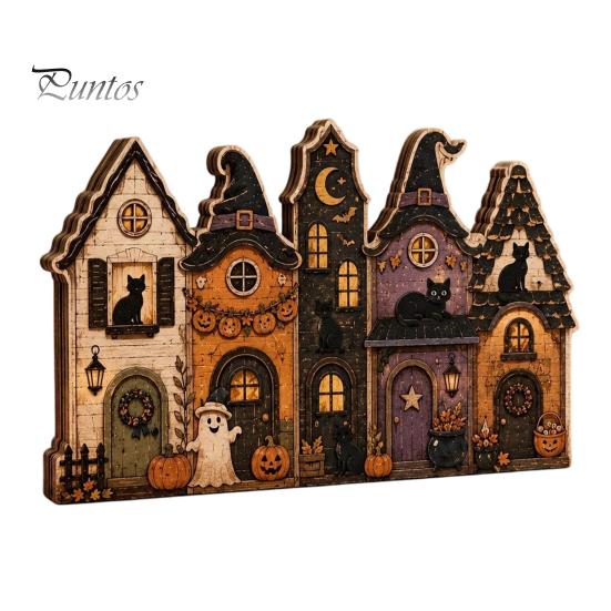 Small Wooden Village Set Halloween Retro Haunted Tabletop Decor, Fall Farmhouse Witch Autumn Theme Interior Ornaments House Ornament, Ghost