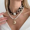 2026 Fashion 2Pcs Retro Leopard Print Velvet Imitation Pearl Necklace Women Trend Geometric Metal Pendant Choker Jewelry Gift