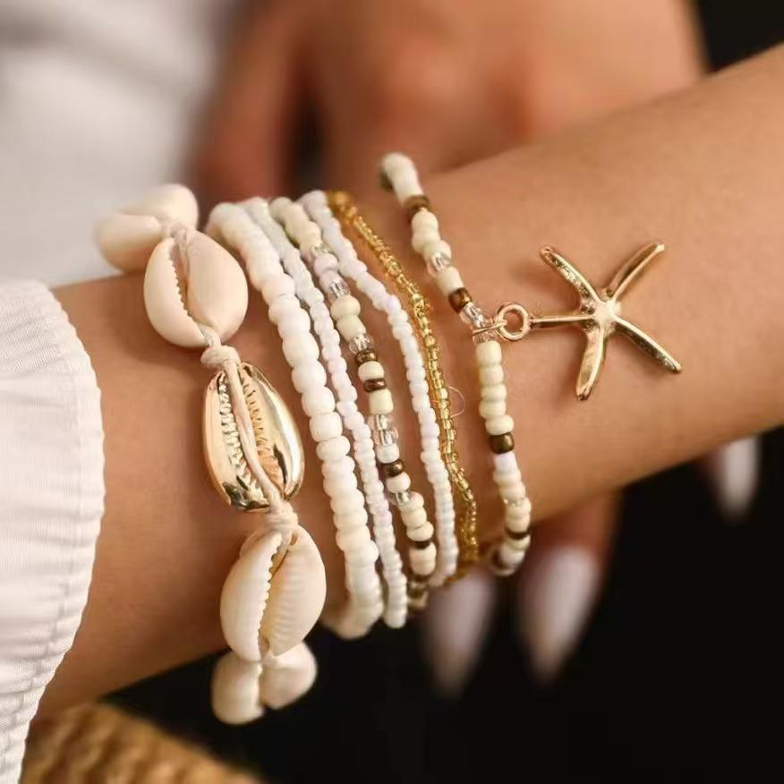 Набор богемных браслетов из бисера: Ракушка, Морская звезда, Бисер, Семь штук