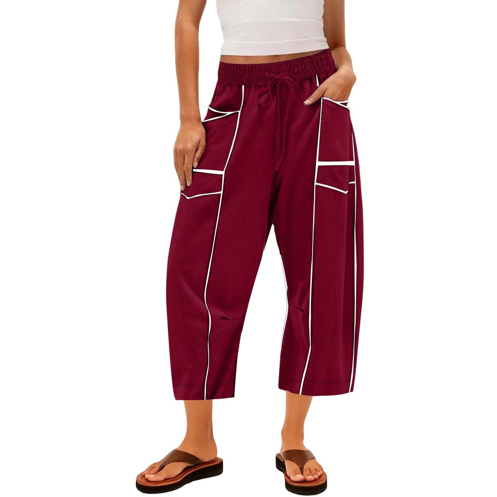 Ladies' Wide Leg Pants, High Waisted Straight Leg Pants, Spliced Pockets, Casual Cropped Pants